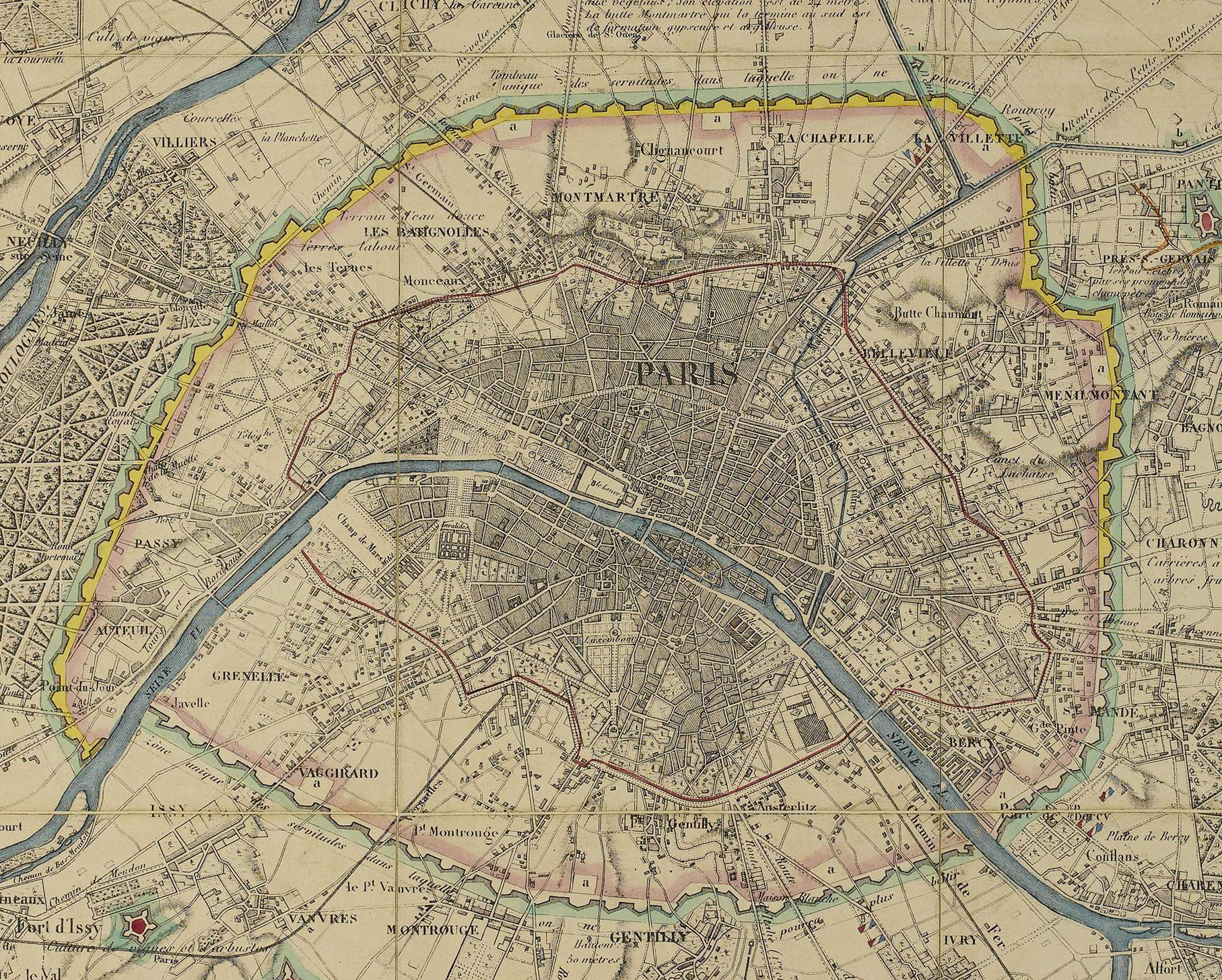 Carte des fortifications de Thiers, du mur des Fermiers Généraux et des forts détachés, 1841