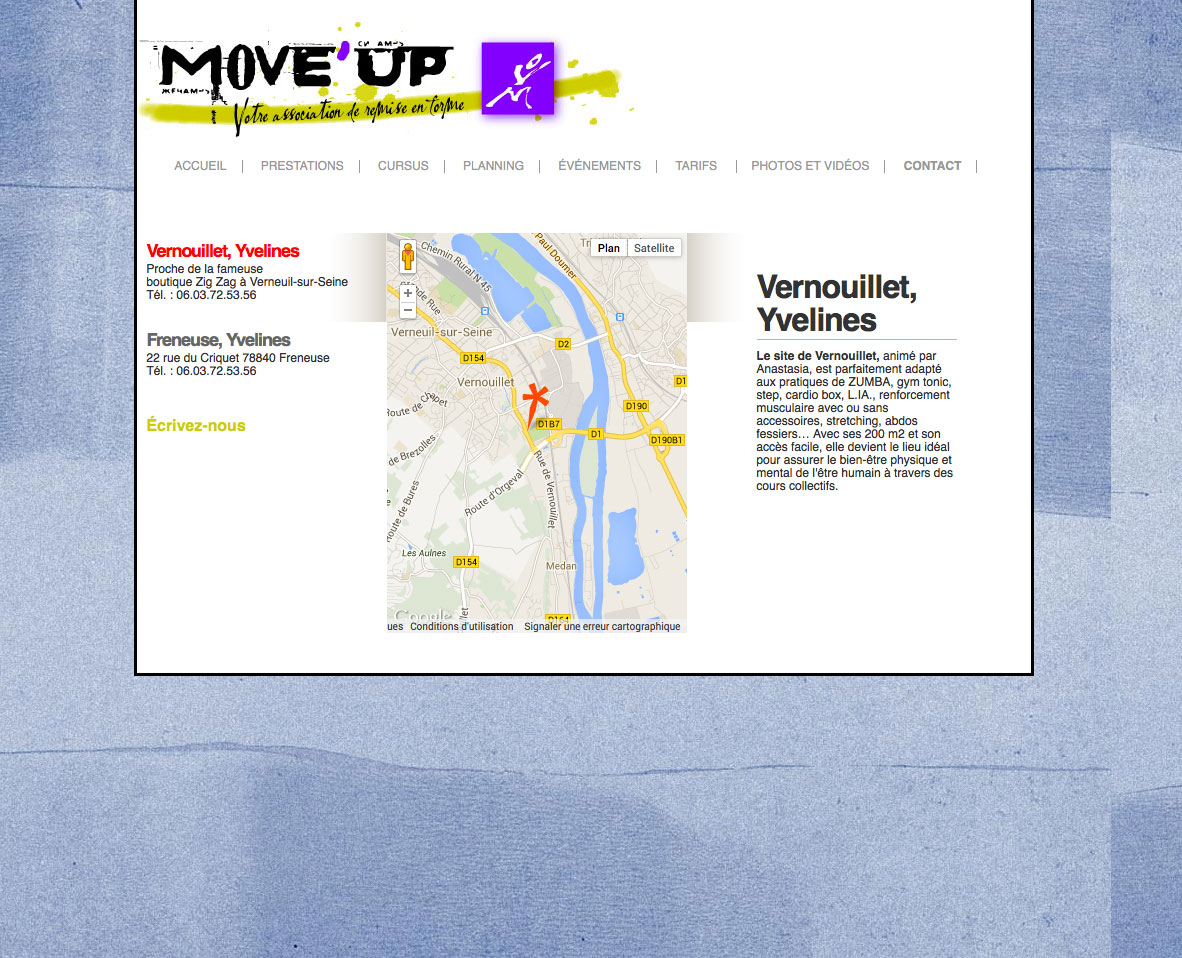 Page contact présentant les 2 sites avec leurs plans